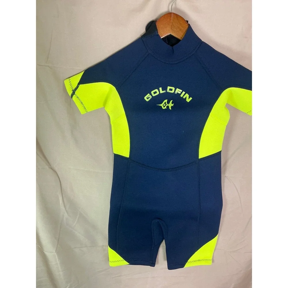 Goldfin Wetsuit Shorty Youth 8 Navy Blue Neon Yellow Excellent Back Zip Neoprene